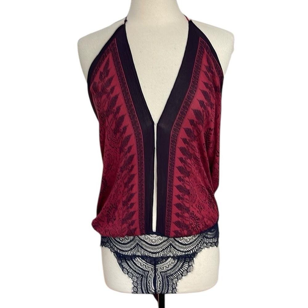 Free People Borderlines Bandana Print Halter Bodysuit SZ L Burgundy Navy